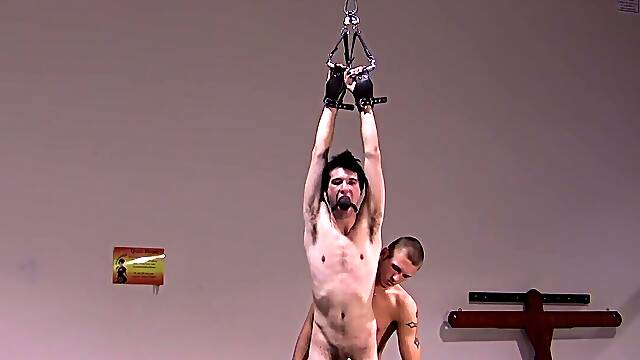 Pale dude with a skinny body is tied up and toyed with
