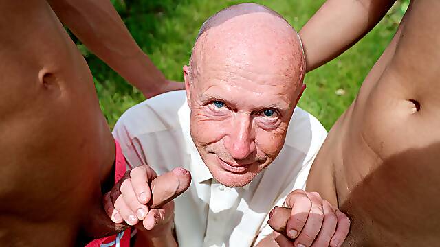 Old man gets fucked by two cocky boyz outdoors