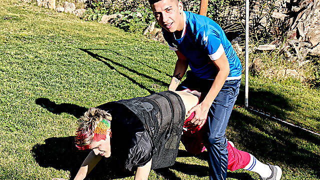 Woke boys fuck on the football pitch while they share exclusive views
