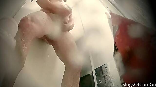 Spycam catches dad masturbating in the shower - Big cumshot - SlugsOfCumGuy