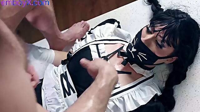 Femboy in maid uniform fucked in the kitchen without a condom by dominant jock