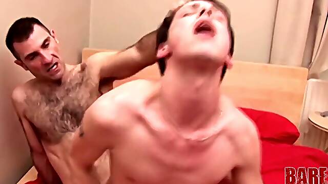 Dad and twink enjoy bareback sex and share their loads