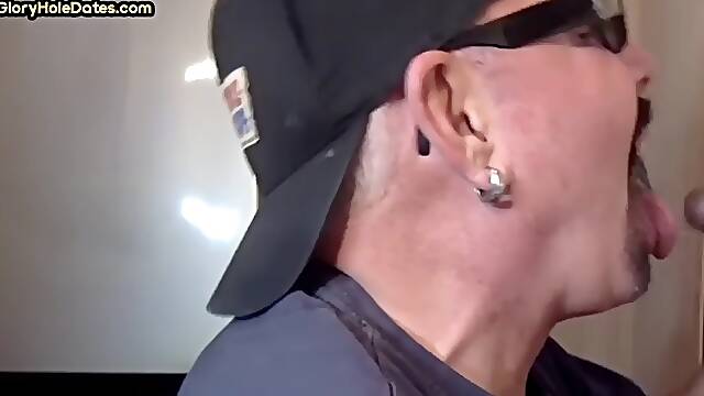 First Gloryhole lover DILF sucks cock in amateur blowjob