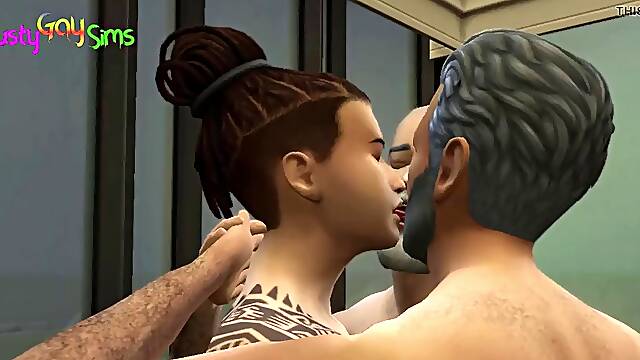 Two grandparents vs a young man - Two elderly couples celebrate their anniversary, gay threesome