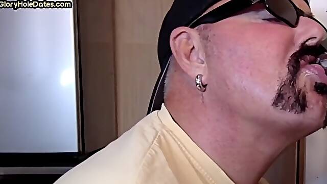 Gloryhole blowjob gaydaddy sucks penis with his greedy mouth