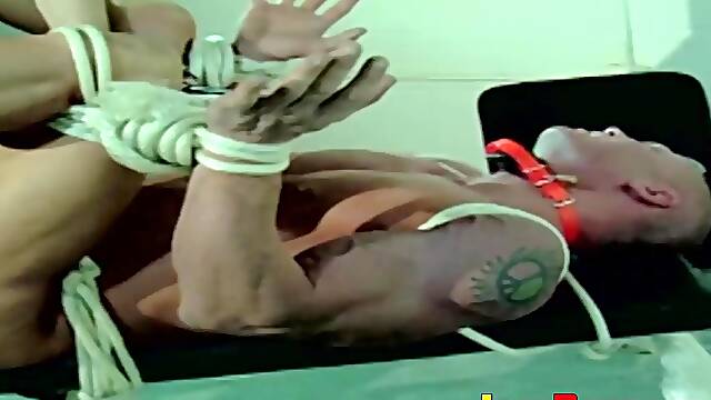 Bondage gay fingered and jerked off during BDSM session