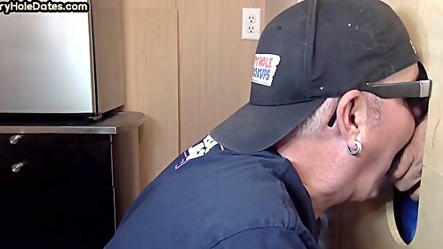 Gloryhole gaydaddy opens his greedy mouth for penis