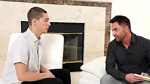 BDSM leather hunk fucks mesmerized twink after deep BJ