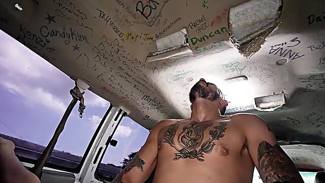 Picked up str8 jock with tattoos fucks gay in bus till cum