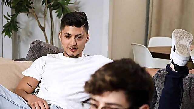 Latino hunk and a pale nerdy lad love riding and doggy style