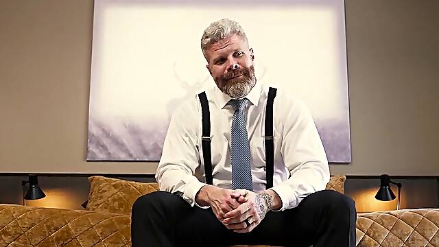 Hairy bear with tattoos getting frisky with a skinny ten