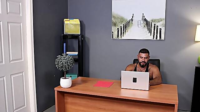 Bear invites a twink to his office and asks for a blowjob