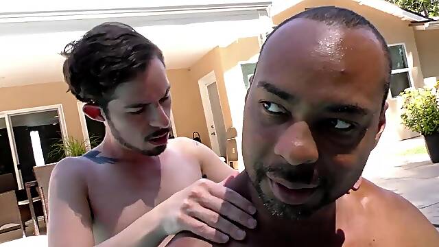 Slim white guy makes love with a huge cocked black man