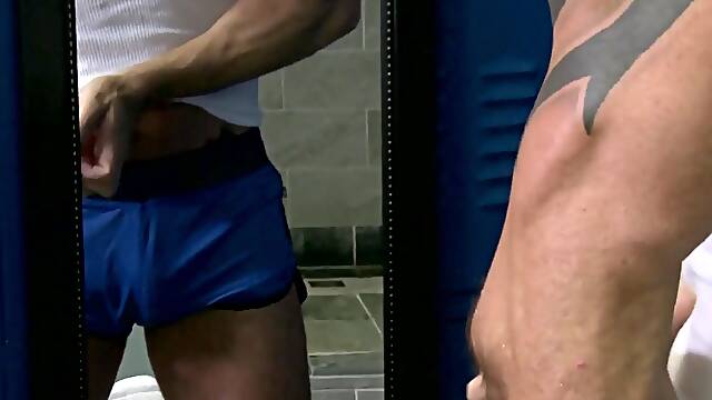 Mature lockerroom hunk Vic Rocco jerking cock
