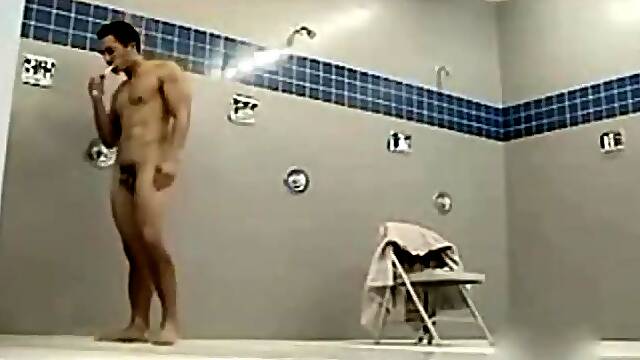 Muscular Asian marine takes a long shower