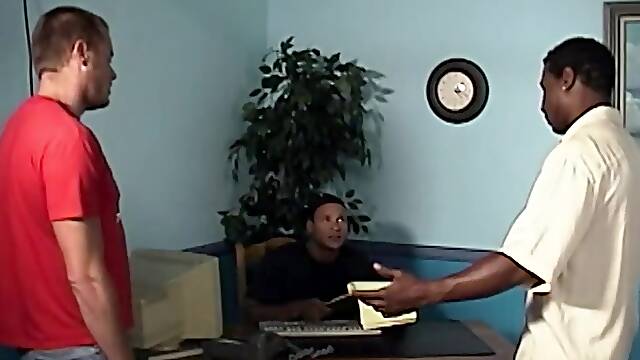 Muscular white man getting shared by black thugs