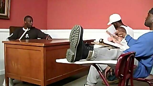 A black teacher and two black students 18+ sharing a white guy