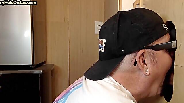 Gloryhole amateur DILF deep sucks cock in home private video
