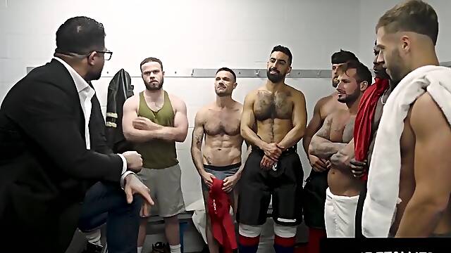 Hunks Bushy Cock Devoured Before Big Raw Spit-roast With Teammates