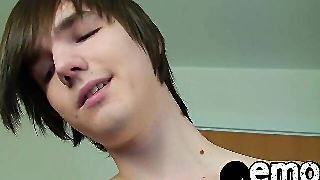 Lusty emo twink jerks off his big dick and sprays big load