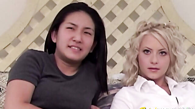 Asian hot babe Lieng Lu lesbian sex with hot blonde Ember