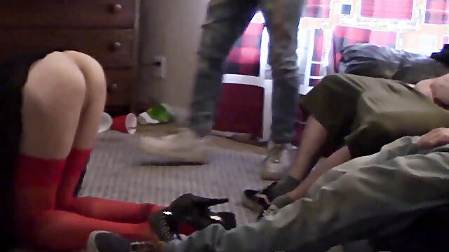 Sissy lad got his mouth and tight ass stretched in a gangbang fuck