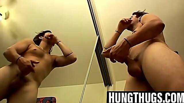 Handsome thug jerks fat meat stick to climax