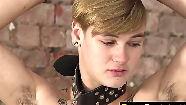 Tied gay sub whipped while jerking off for a cruel master