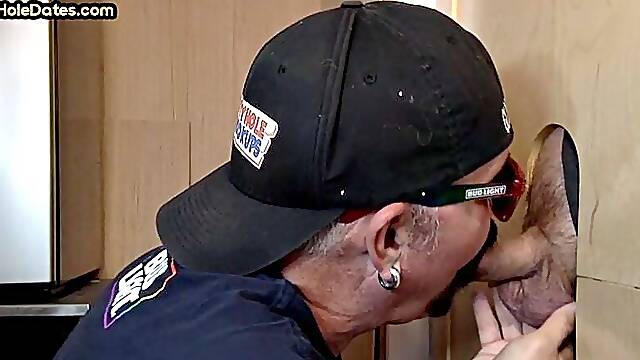 Gloryhole cum in mouth DILF eats cock at home