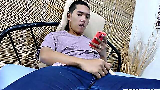 When Freddy is alone and horny, he likes to get barefoot and play with his Asian boy feet. He goes into his room and starts watching a male feet video on his smart phone.