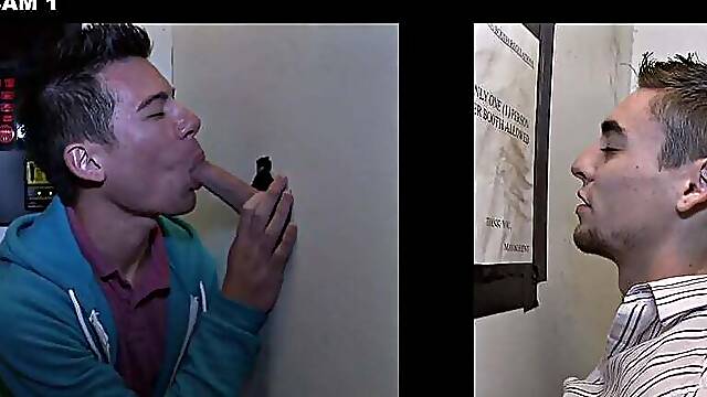 Real straight dude at gloryhole sucked by twink till cum in mouth