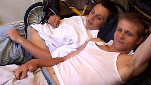 Lucas joins Gunner who is back watching a porn video. After they stroke up their boners, Gunner and Lucas exchange blow jobs. Then Gunner turns Lucas over and fucks his tight ass until Lucas blows...