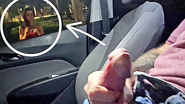 Risky public masturbation for a redhead at the bus stop