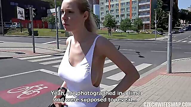 Czech blonde wife is giving pleasure to a horny guy who is not her husband