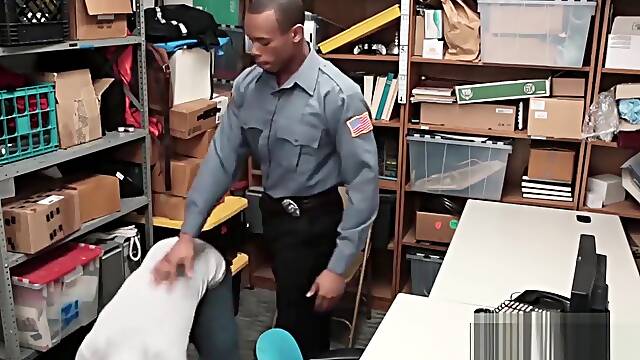 Tattooed Ebony thief barebacked hard by a security guard