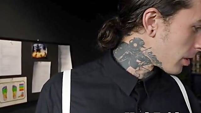 Office Tattoo Crossdresser Bangs Bottom After Being Sucked