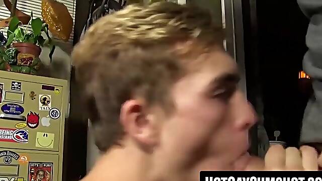 Bearded alt stud feeds blond lover cock and cum