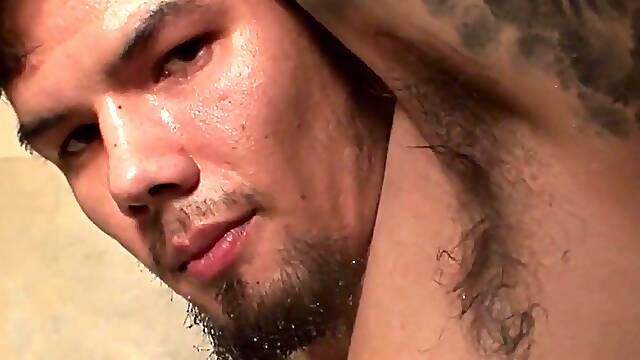 Hot tatted Tomahawk services his soapy throbbing cock in the shower