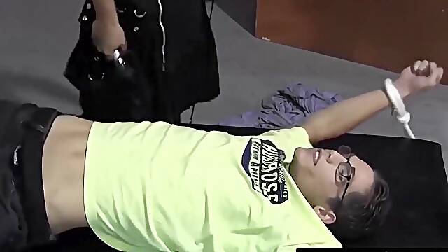 Interrogator Vin ties captive down for merciless flogging