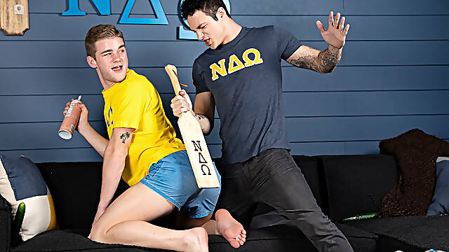 Prank results in ass spank and cock sucking for frat guy!