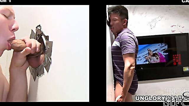 Tricked st8 Asian stud got gay gloryhole BJ be4 cumming