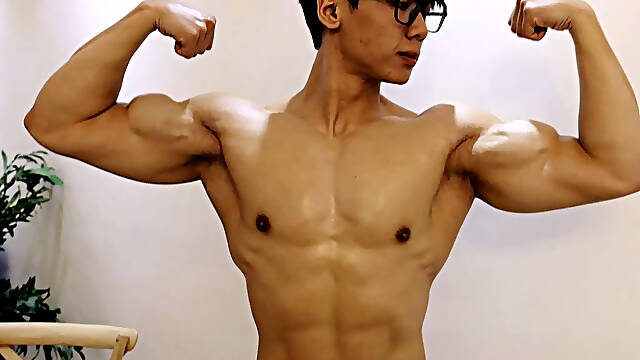 Hot chinese cutie exposed , self worship, flexing, big pecs, biceps, abs, six pack