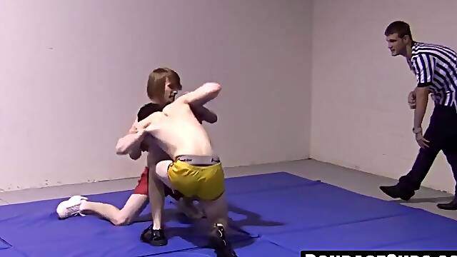 Slim boys wrestle roughly before shedding clothes