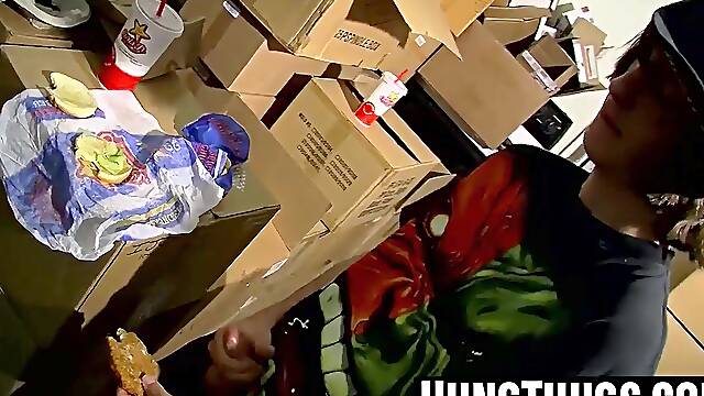 Skinny straight twinks cum on food after jerking together