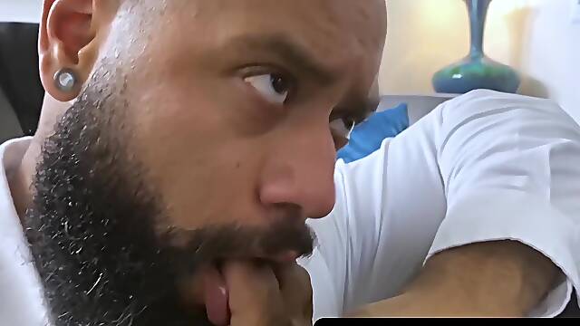 MaleFeetXXX.com - Bearded black stud licks bosss feet while strokes his big cock
