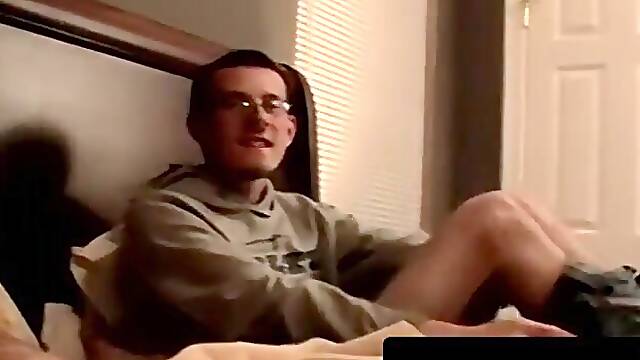 Handsome amateur strokes big dick on stained bedsheets