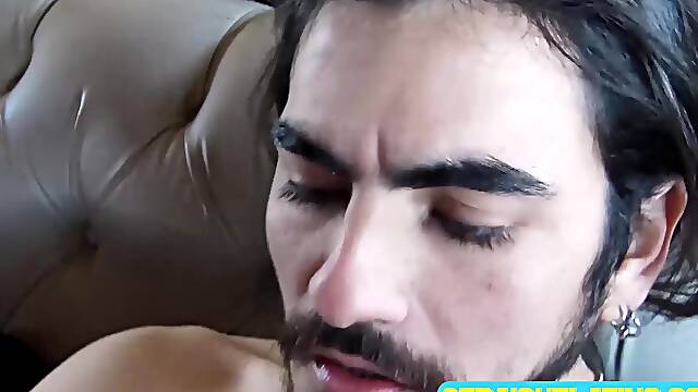 Cute hipster Emi cums all over himself after shoving my dick deep into his raw ass