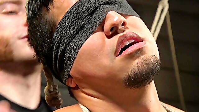 Gay slave bound and edged in threesome sex