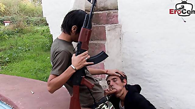 Skinny military gay teen fucks Student anal in forest