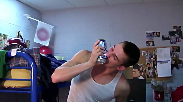A brunette dude gets banged by two blond guys in gay sex video